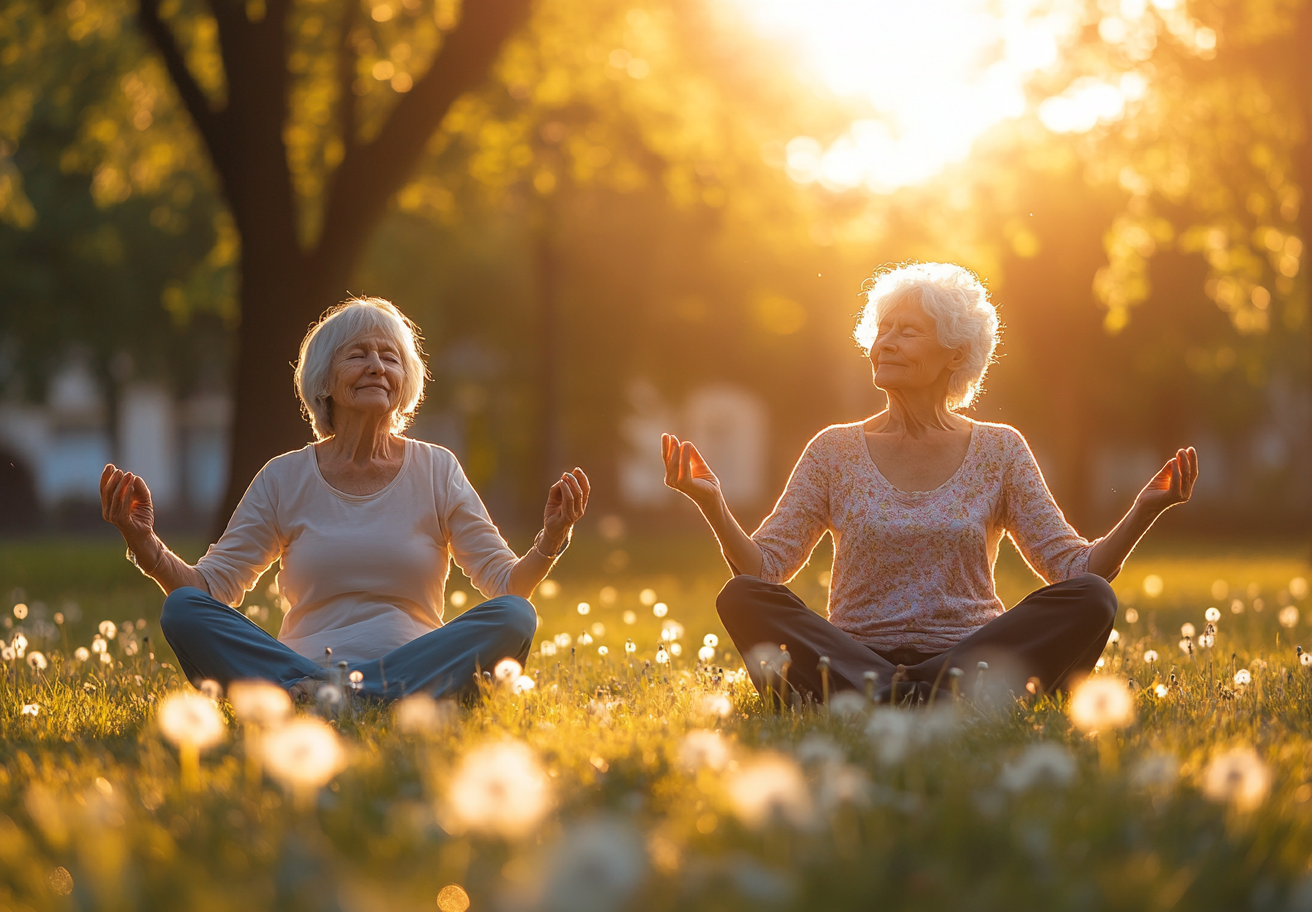 Усміхнені люди старшого віку в позах йоги